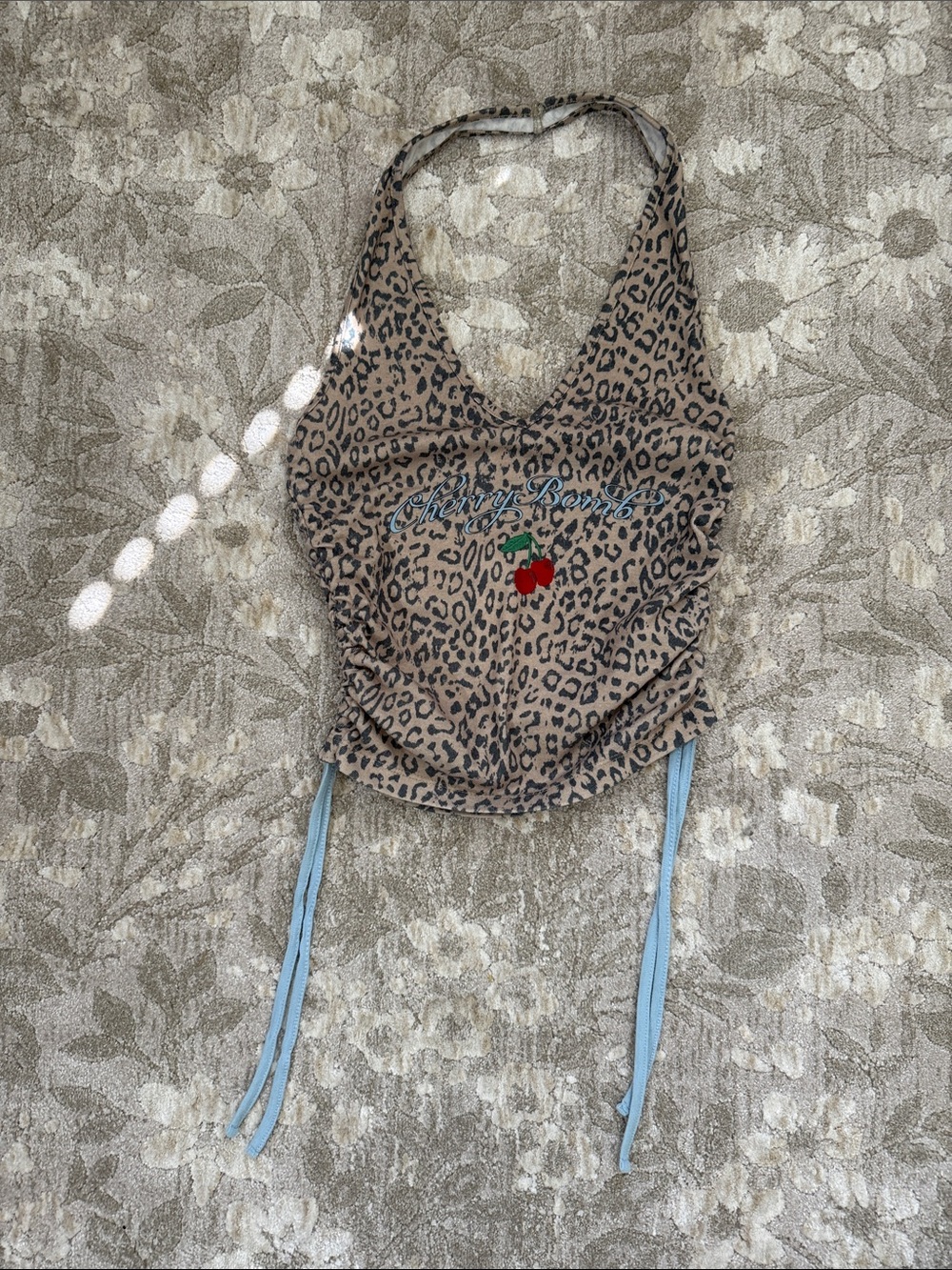 Urban Outfitters Tan and Black Leopard Halter Crop Top with Cherry Accent